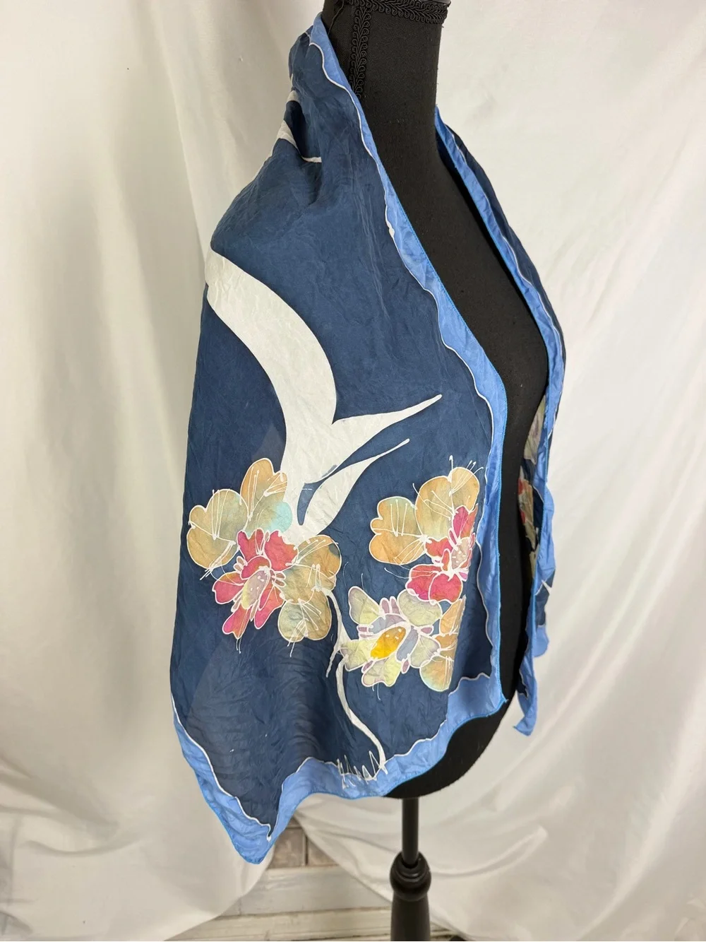 Vintage Floral Bird Print Oversized Scarf Blue Square Wrap Shawl Cottagecore